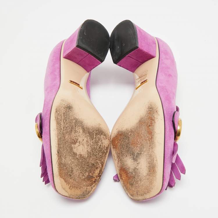 Pre Owned Gucci GG Marmont Size 39 Purple Suede Fringe Block Heel Pumps