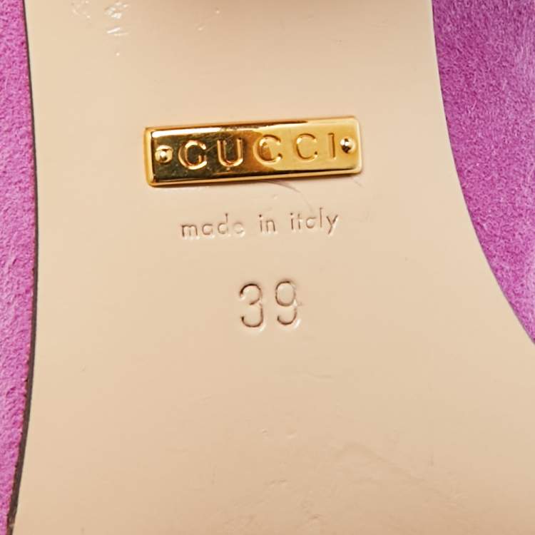 Pre Owned Gucci GG Marmont Size 39 Purple Suede Fringe Block Heel Pumps