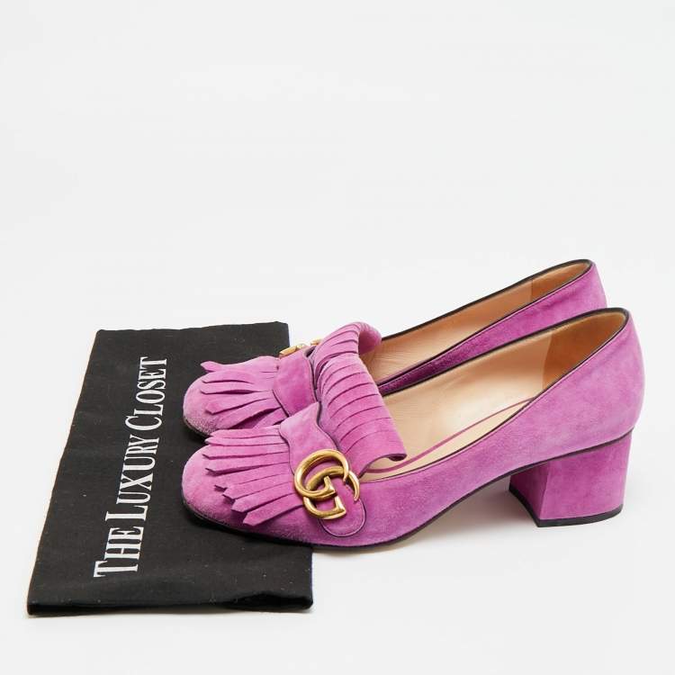 Pre Owned Gucci GG Marmont Size 39 Purple Suede Fringe Block Heel Pumps