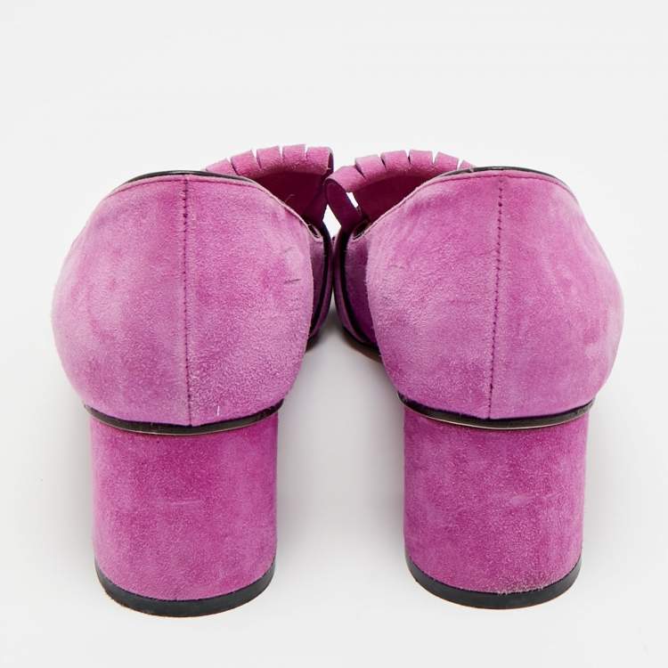 Pre Owned Gucci GG Marmont Size 39 Purple Suede Fringe Block Heel Pumps