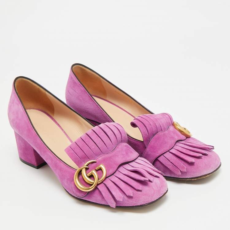 Pre Owned Gucci GG Marmont Size 39 Purple Suede Fringe Block Heel Pumps