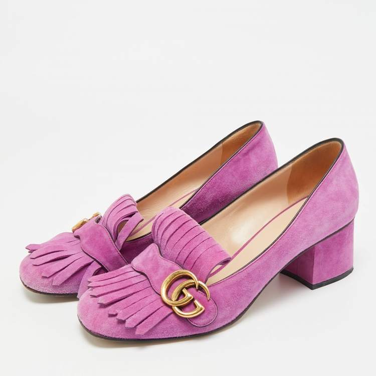 Pre Owned Gucci GG Marmont Size 39 Purple Suede Fringe Block Heel Pumps