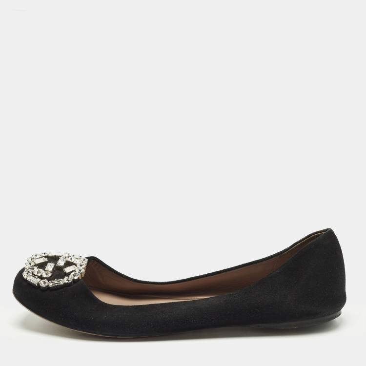 Pre Owned Gucci Interlocking G Size 37 Black Crystal Embellished Suede Ballet Flats