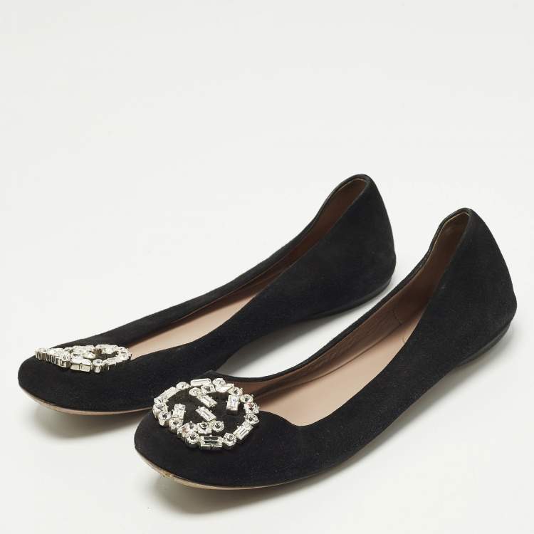 Pre Owned Gucci Interlocking G Size 37 Black Crystal Embellished Suede Ballet Flats
