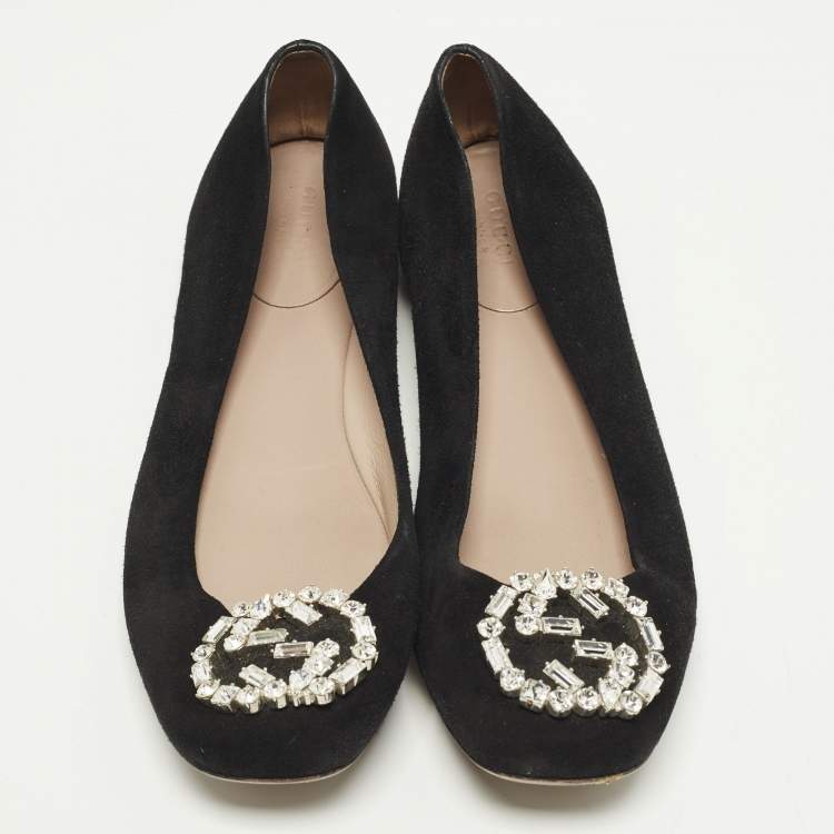 Pre Owned Gucci Interlocking G Size 37 Black Crystal Embellished Suede Ballet Flats