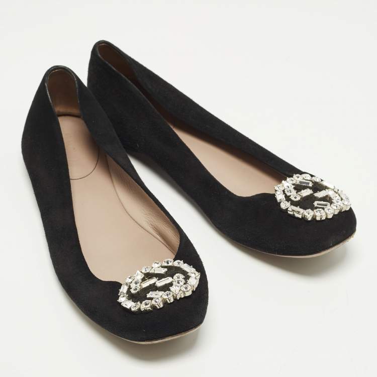 Pre Owned Gucci Interlocking G Size 37 Black Crystal Embellished Suede Ballet Flats