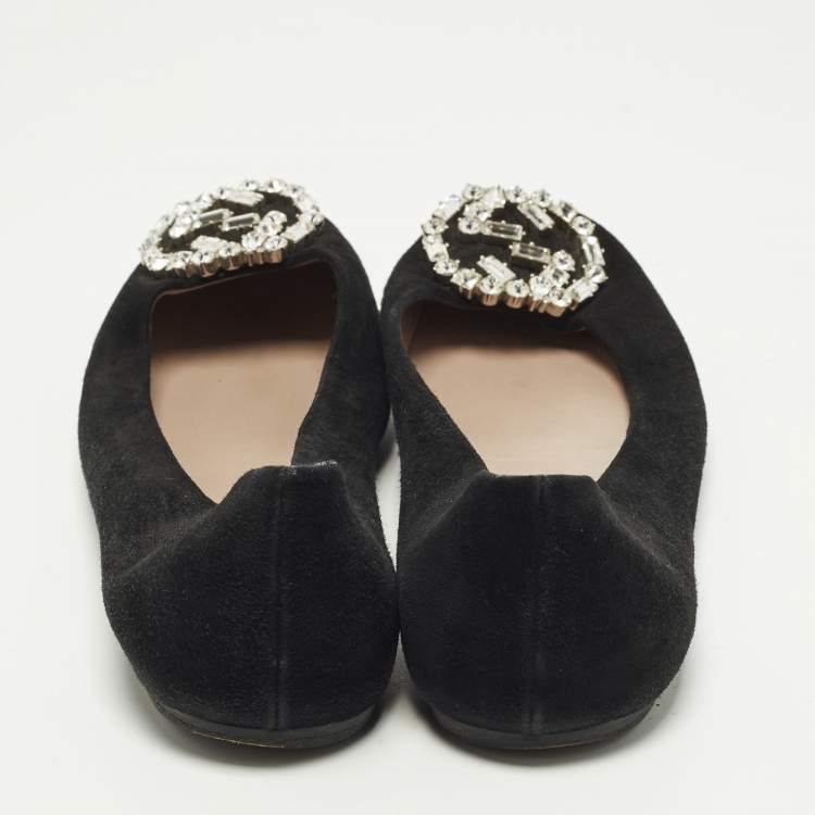 Pre Owned Gucci Interlocking G Size 37 Black Crystal Embellished Suede Ballet Flats