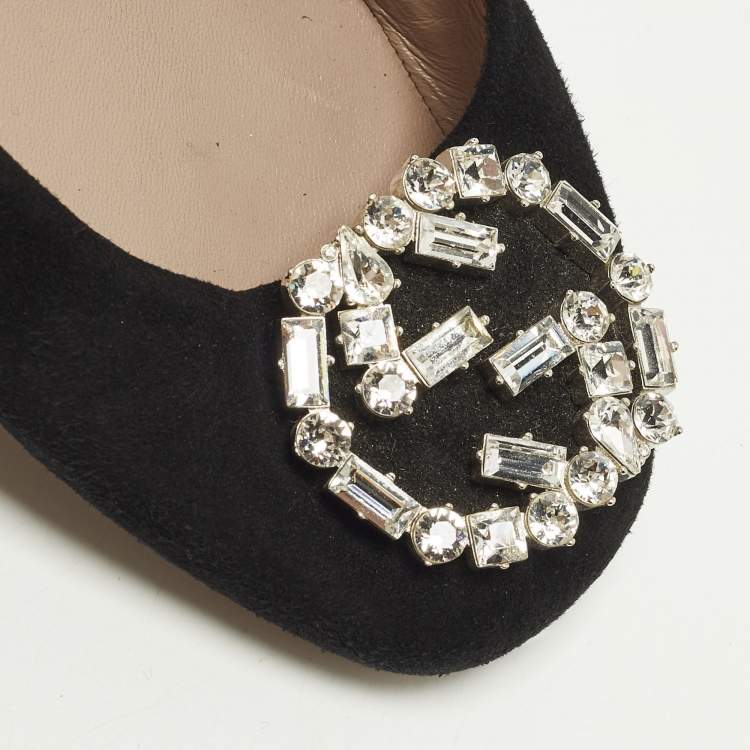 Pre Owned Gucci Interlocking G Size 37 Black Crystal Embellished Suede Ballet Flats