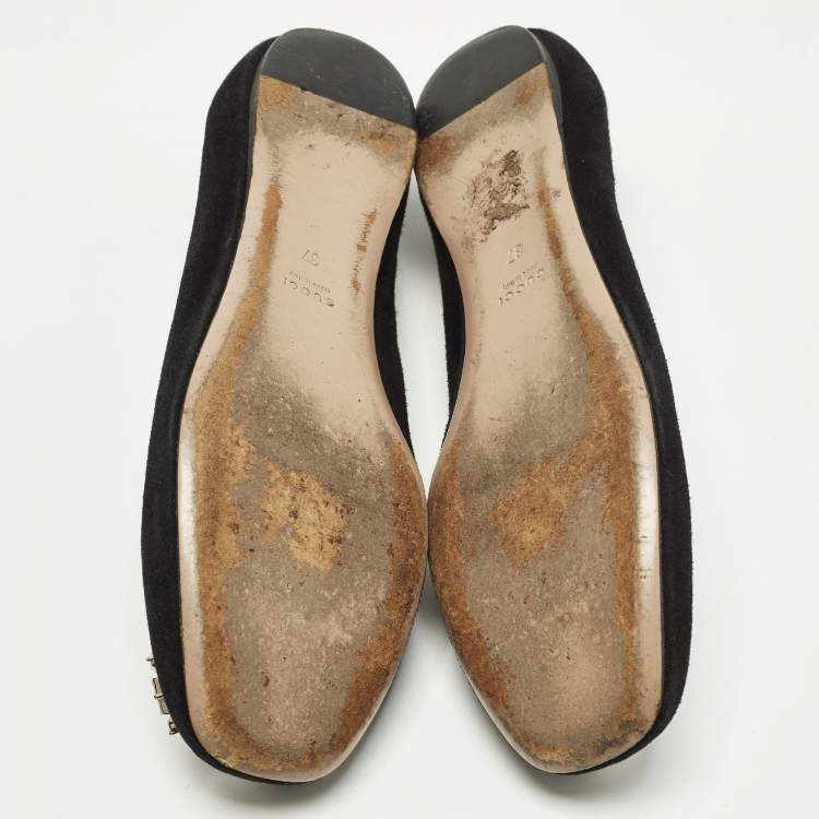 Pre Owned Gucci Interlocking G Size 37 Black Crystal Embellished Suede Ballet Flats