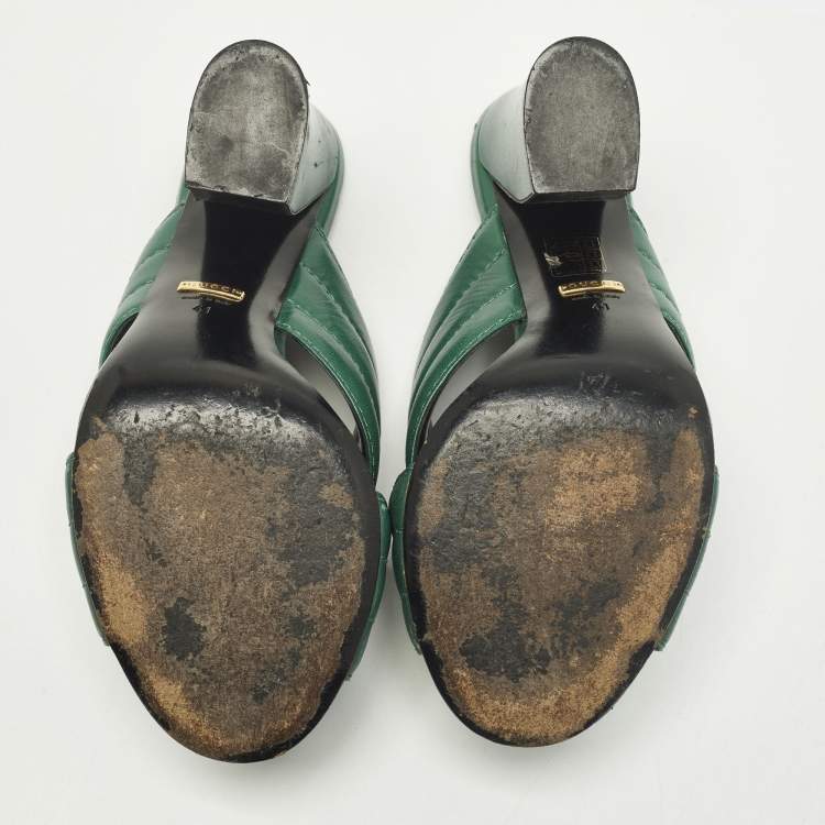 Pre Owned Gucci Webby Size 41 Green Quilted Leather Slide Sandals                                    