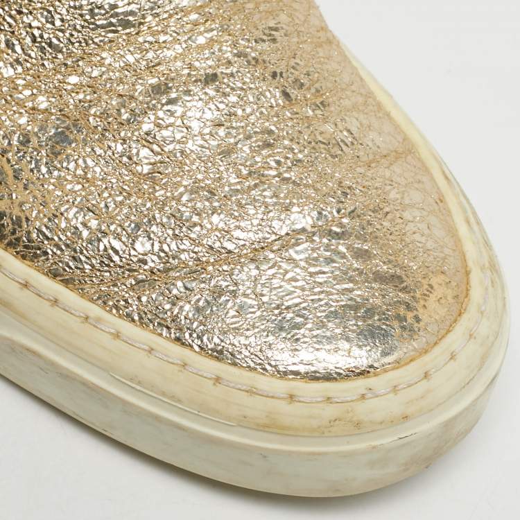 Pre Owned Gucci Size 35 Gold Texture Leather Slip On Sneakers