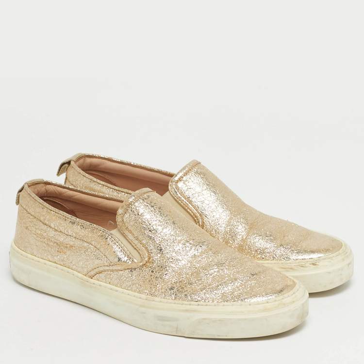 Pre Owned Gucci Size 35 Gold Texture Leather Slip On Sneakers