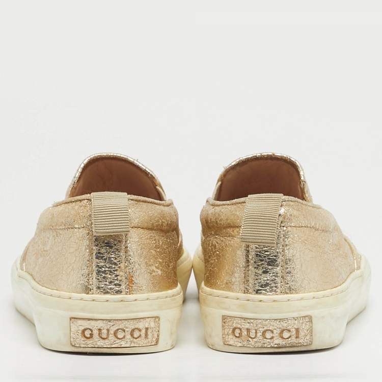 Pre Owned Gucci Size 35 Gold Texture Leather Slip On Sneakers