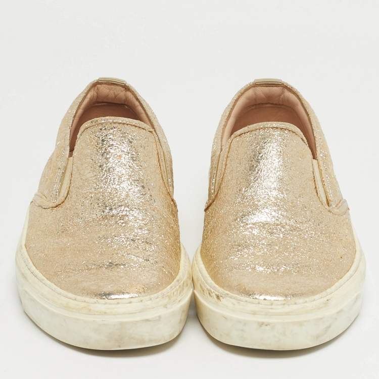 Pre Owned Gucci Size 35 Gold Texture Leather Slip On Sneakers