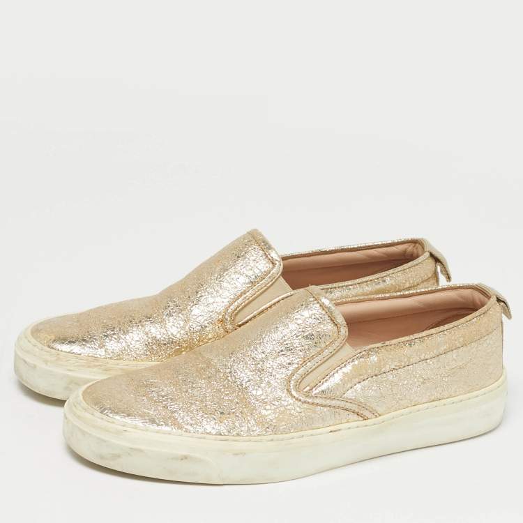 Pre Owned Gucci Size 35 Gold Texture Leather Slip On Sneakers