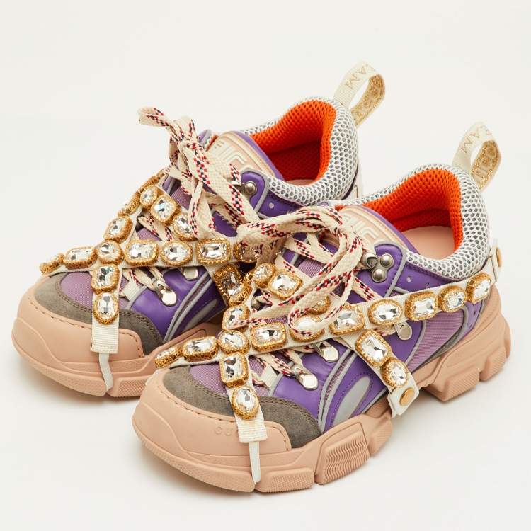 Pre Owned Gucci Flashtrek Size 37.5 Multicolor Mesh and Leather Removable Crystals Sneakers