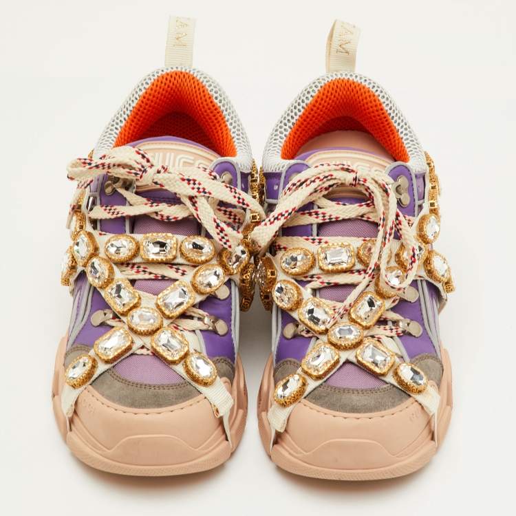Pre Owned Gucci Flashtrek Size 37.5 Multicolor Mesh and Leather Removable Crystals Sneakers