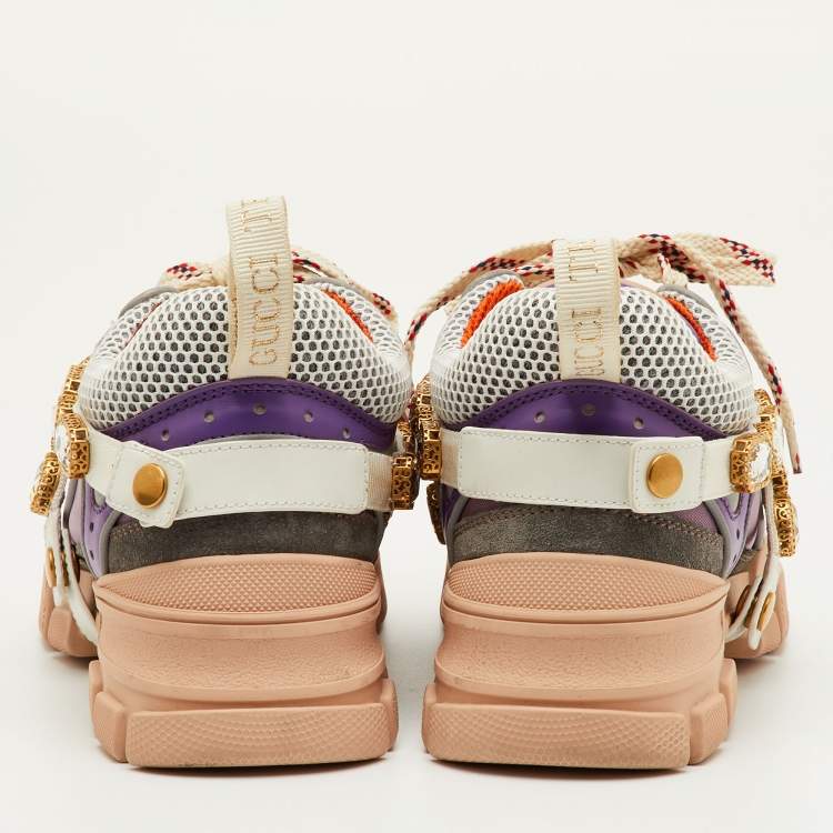 Pre Owned Gucci Flashtrek Size 37.5 Multicolor Mesh and Leather Removable Crystals Sneakers