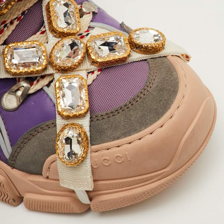 Pre Owned Gucci Flashtrek Size 37.5 Multicolor Mesh and Leather Removable Crystals Sneakers