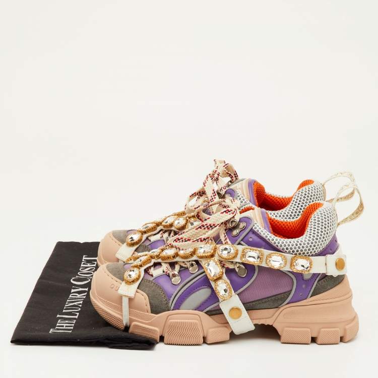 Pre Owned Gucci Flashtrek Size 37.5 Multicolor Mesh and Leather Removable Crystals Sneakers