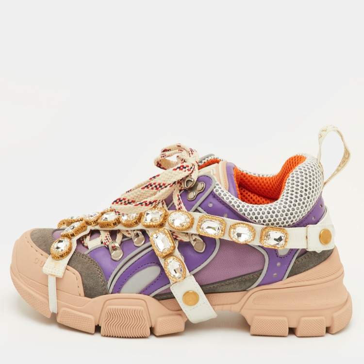Pre Owned Gucci Flashtrek Size 37.5 Multicolor Mesh and Leather Removable Crystals Sneakers