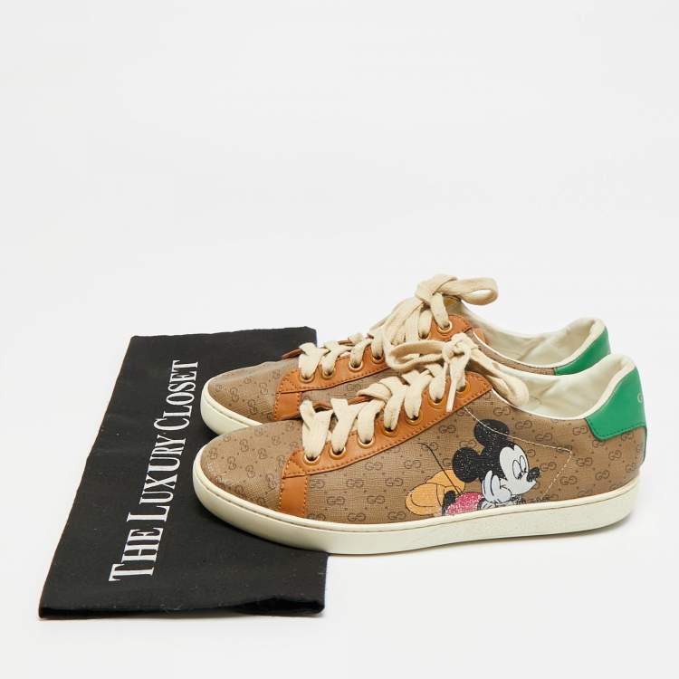 Pre Owned حذاء رياضي غوتشي "ديزني آيس" قماش مغلف بني وجلد برباط علوي مقاس 37