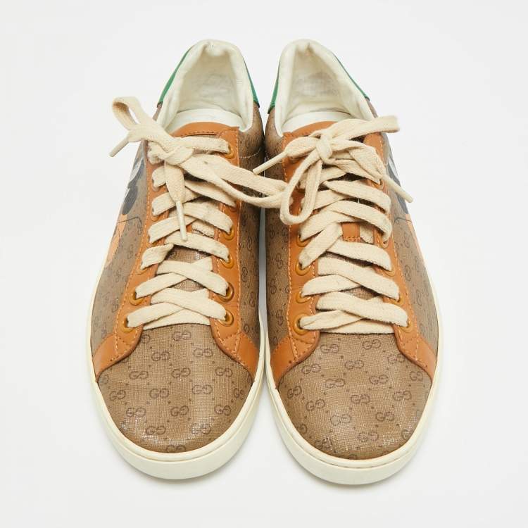 Pre Owned حذاء رياضي  غوتشي "ديزني آيس" قماش مغلف بني وجلد برباط علوي مقاس 37