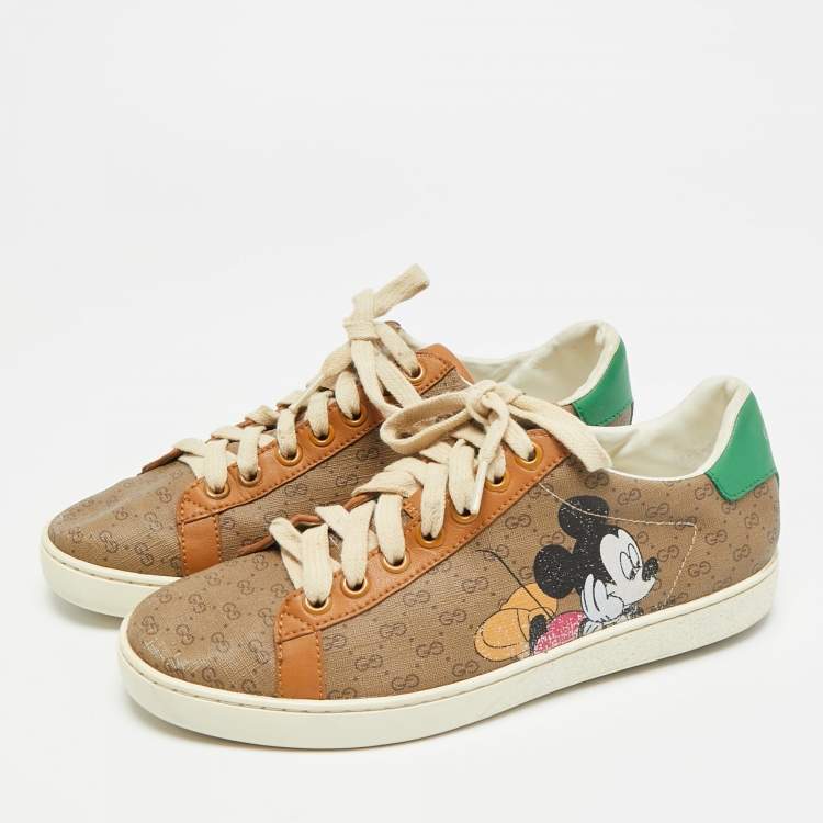 Pre Owned حذاء رياضي غوتشي "ديزني آيس" قماش مغلف بني وجلد برباط علوي مقاس 37