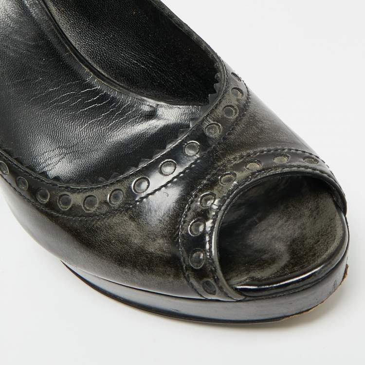 Pre Owned Gucci Size 37.5 Black/Grey Leather Platform Peep Toe Pumps