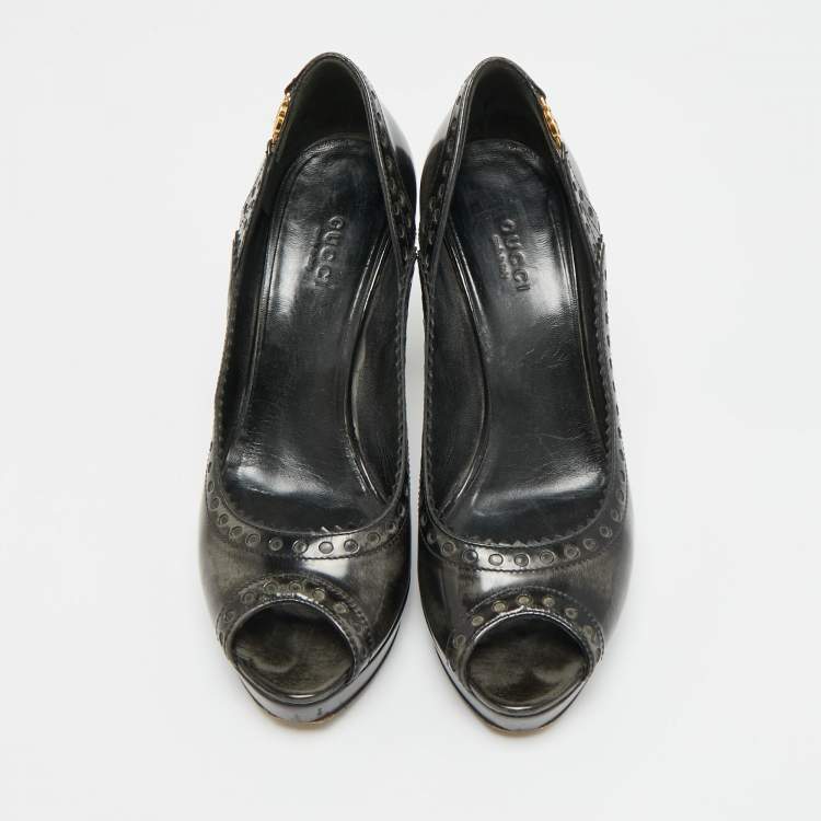 Pre Owned Gucci Size 37.5 Black/Grey Leather Platform Peep Toe Pumps