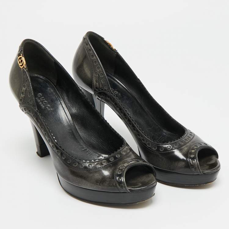 Pre Owned Gucci Size 37.5 Black/Grey Leather Platform Peep Toe Pumps