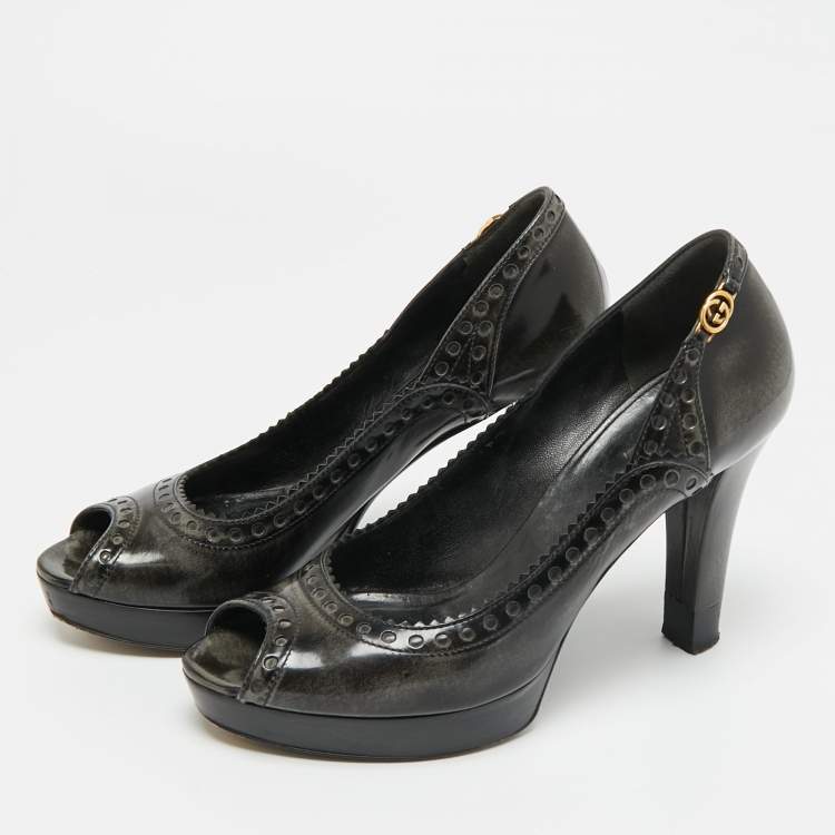 Pre Owned Gucci Size 37.5 Black/Grey Leather Platform Peep Toe Pumps