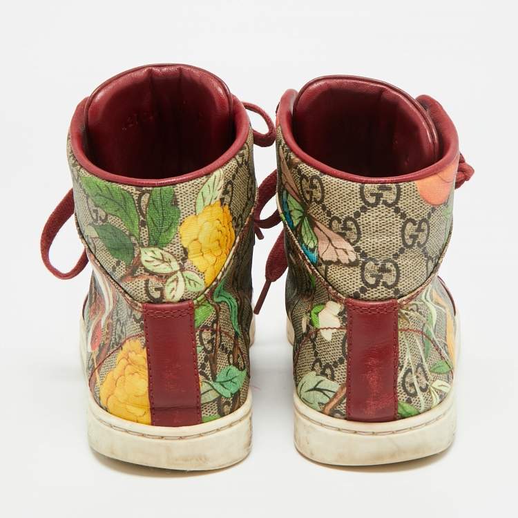 Pre Owned Gucci Size 35 Floral GG Monogram Canvas and Leather High Top Sneakers