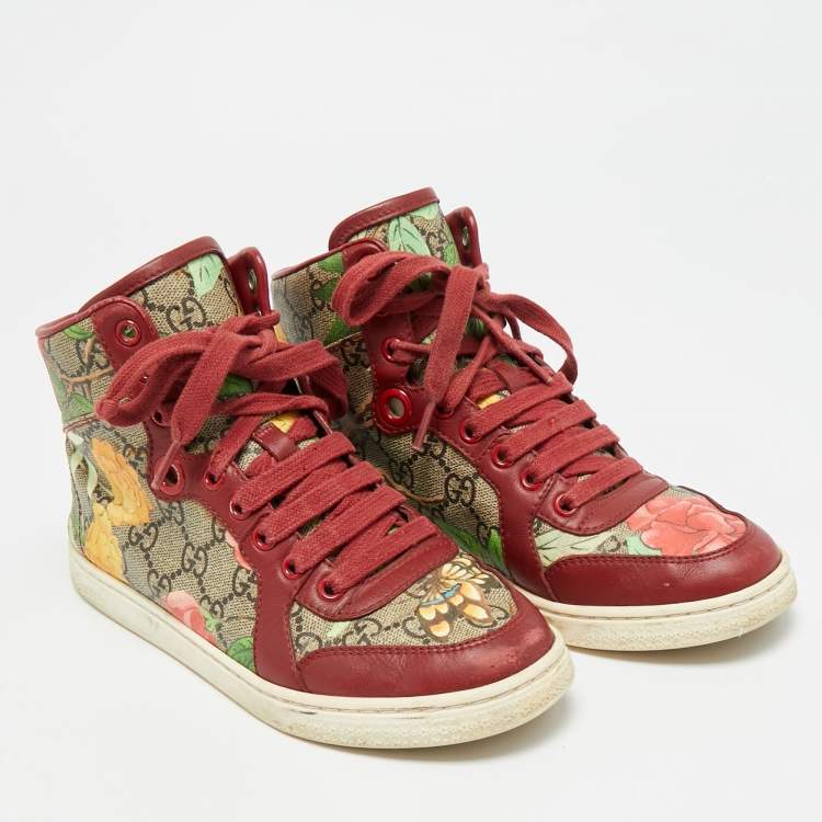 Pre Owned Gucci Size 35 Floral GG Monogram Canvas and Leather High Top Sneakers