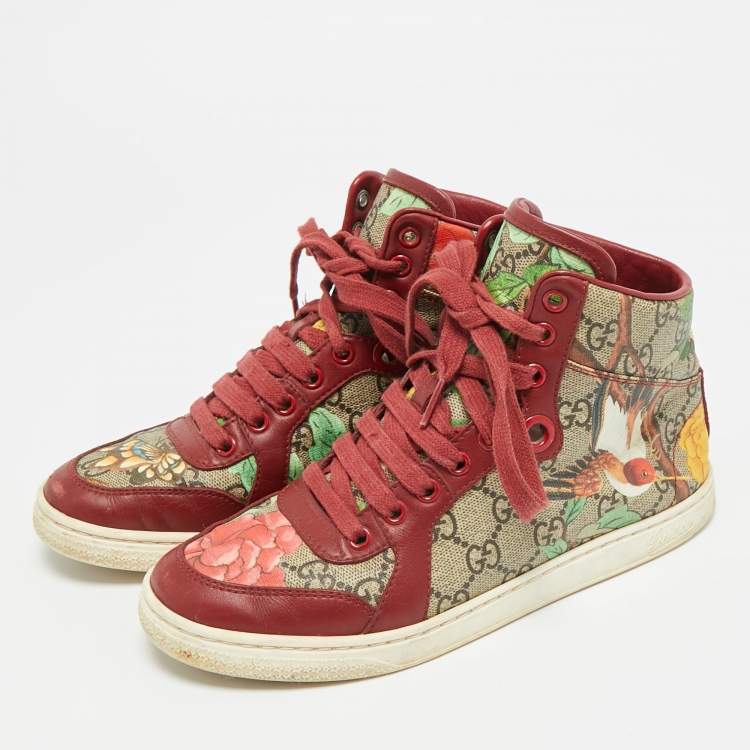 Pre Owned Gucci Size 35 Floral GG Monogram Canvas and Leather High Top Sneakers