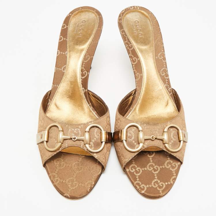 مملوكة مسبقًا Gucci Horsebit Size 40.5 Brown GG Satin Slide Sandals