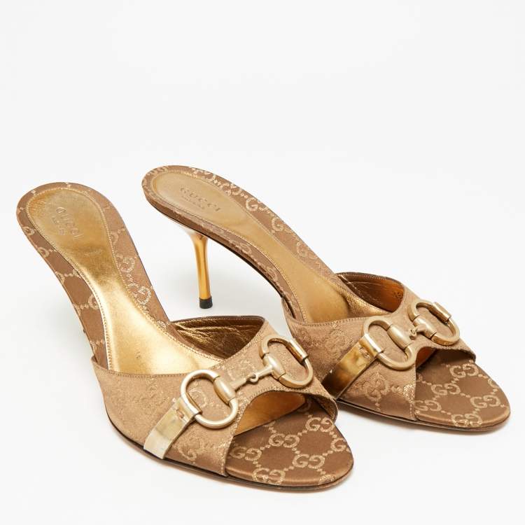 مملوكة مسبقًا Gucci Horsebit Size 40.5 Brown GG Satin Slide Sandals