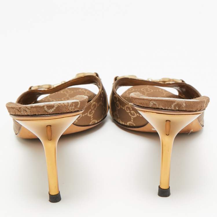 مملوكة مسبقًا Gucci Horsebit Size 40.5 Brown GG Satin Slide Sandals