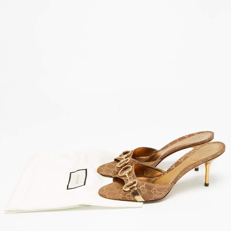 مملوكة مسبقًا Gucci Horsebit Size 40.5 Brown GG Satin Slide Sandals