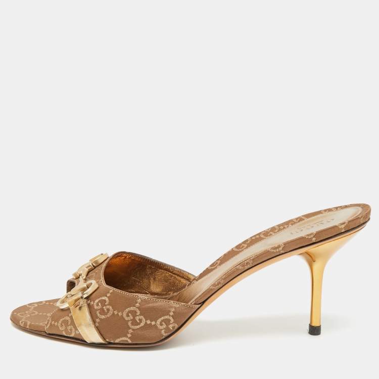 مملوكة مسبقًا Gucci Horsebit Size 40.5 Brown GG Satin Slide Sandals