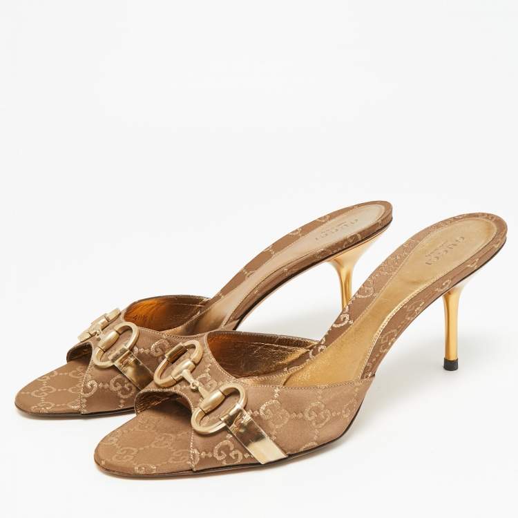 مملوكة مسبقًا Gucci Horsebit Size 40.5 Brown GG Satin Slide Sandals