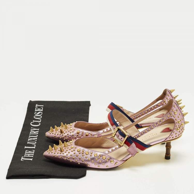 مملوكة مسبقًا Gucci Unia Size 38 Metallic Leather Studded Mary Jane Pumps