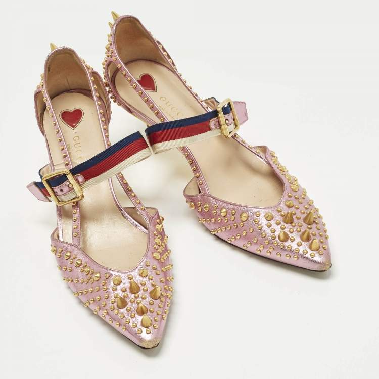 مملوكة مسبقًا Gucci Unia Size 38 Metallic Leather Studded Mary Jane Pumps