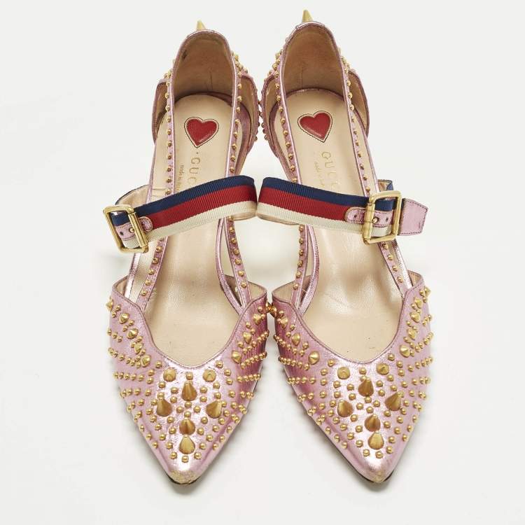 مملوكة مسبقًا Gucci Unia Size 38 Metallic Leather Studded Mary Jane Pumps