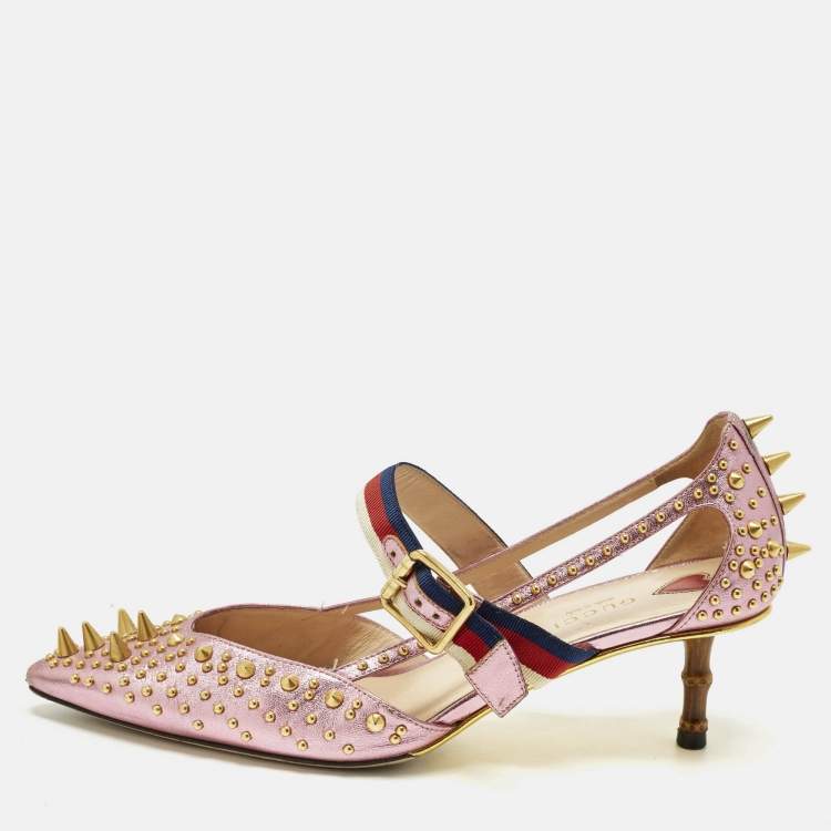 مملوكة مسبقًا Gucci Unia Size 38 Metallic Leather Studded Mary Jane Pumps