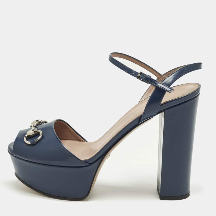 Pre Owned Gucci Claudie Horsebit Size 39 Blue Patent Leather Ankle Strap Sandals