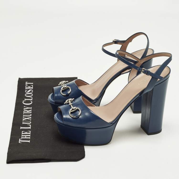 Pre Owned Gucci Claudie Horsebit Size 39 Blue Patent Leather Ankle Strap Sandals