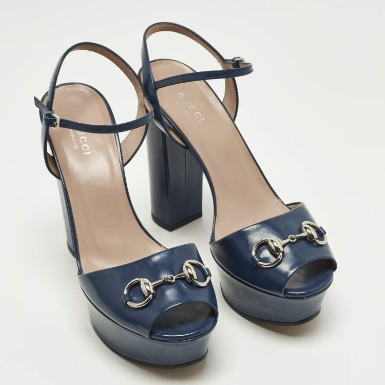 Pre Owned Gucci Claudie Horsebit Size 39 Blue Patent Leather Ankle Strap Sandals