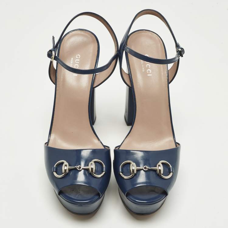 Pre Owned Gucci Claudie Horsebit Size 39 Blue Patent Leather Ankle Strap Sandals