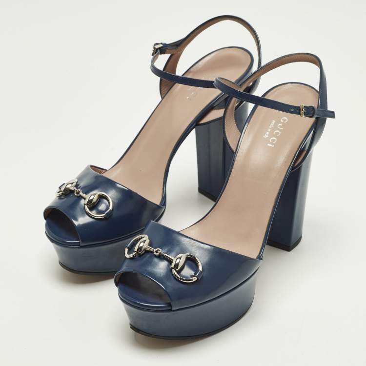 Pre Owned Gucci Claudie Horsebit Size 39 Blue Patent Leather Ankle Strap Sandals
